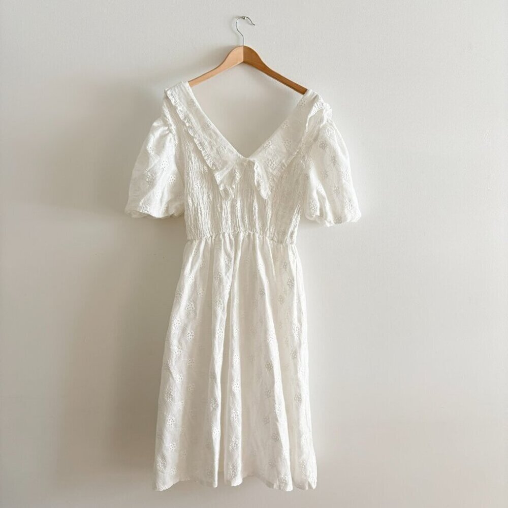 Zara Cutwork Embroidery Midi Dress Voluminous Sleeves Tulle Lining White Medium - Picture 5 of 11